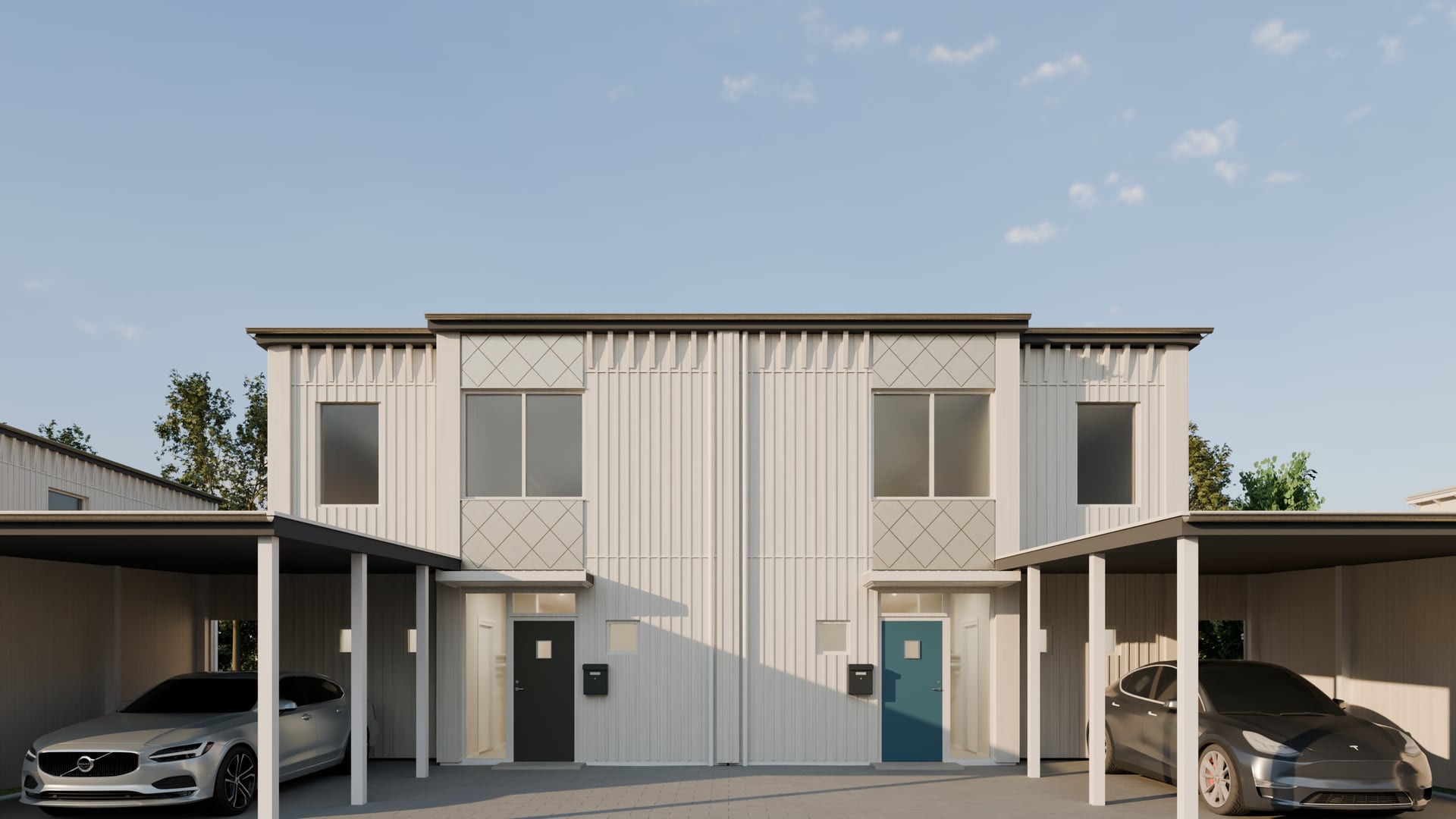 Castorlabs rendering av Parhuset på Kapellvägen i Skövde i gyllene kvällsljus, sett rakt framifrån från entrégården i ögonhöjd: stående vit panel, diamantmönstrad plåt över och under fönstren ovanför entréerna och två entrédörrar – en mörkt olivgrön och en petrolblå – med var sin brevlåda.