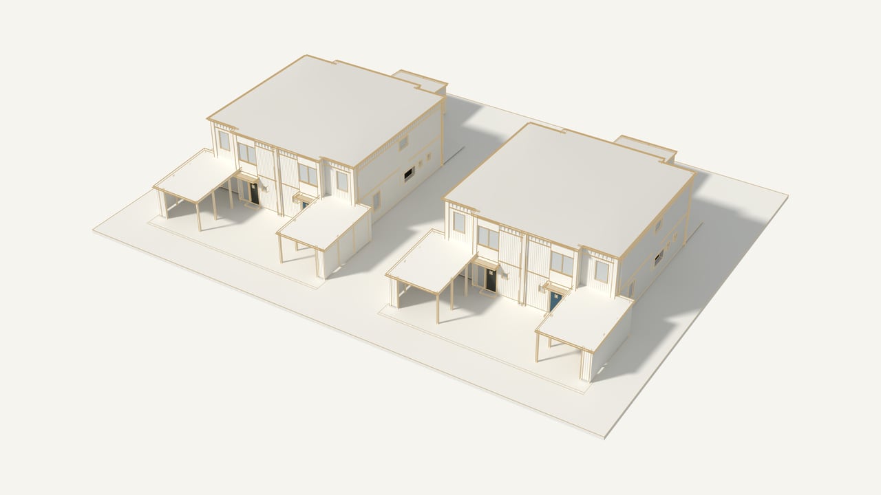 Förenklad 3D-modell av de två parhusen snett ovanifrån från entrégården: vita volymer med guldlinjer, carportar och förråd, och de fyra entrédörrarna – två olivgröna och två blå.