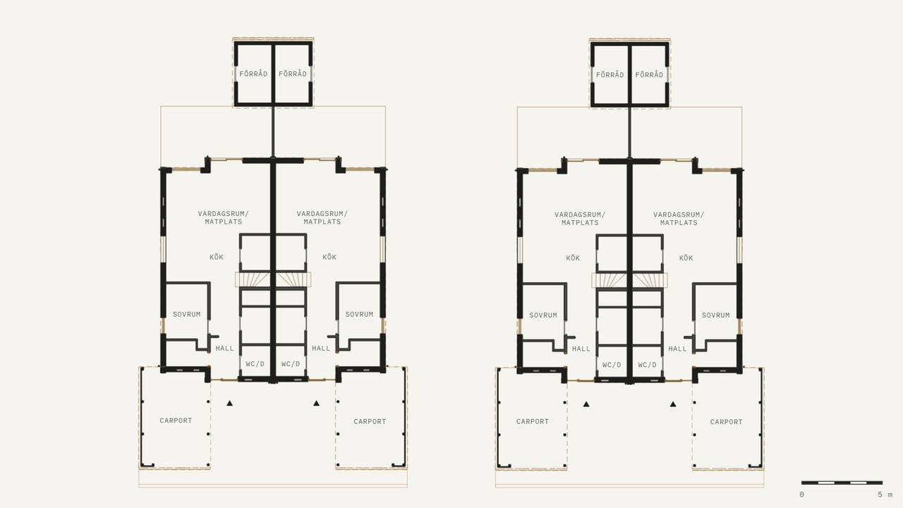 Planritning av bottenvåningen i de två parhusen, ritad ur 3D-modellen: väggarna i snitt svarta, fönster och dörrar som öppningar, rumsnamn som i arkitektens ritning där de ryms (bland annat kök), en pil vid varje entré, carportarna mot entrégården och förråden på baksidan.