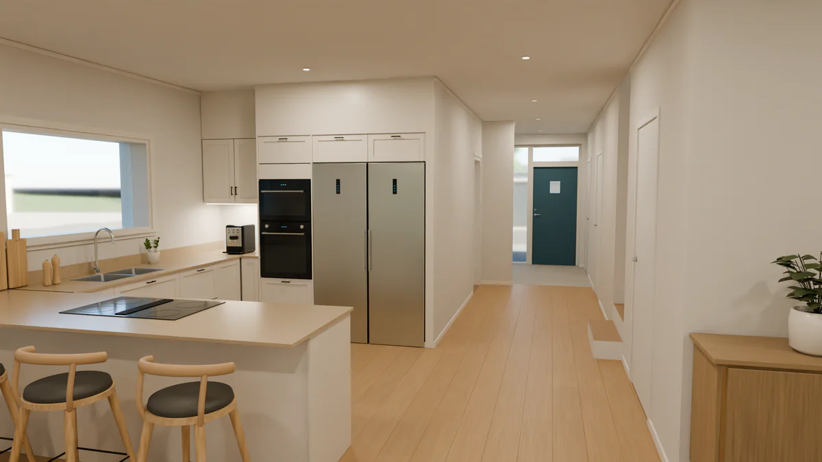 Köket i bostad 1 med halvö och barstolar; genom hallen syns den blå entrédörren. Bänkskiva i Varm komposit, väggar och tak i Linne, golv i Naturlig ek.